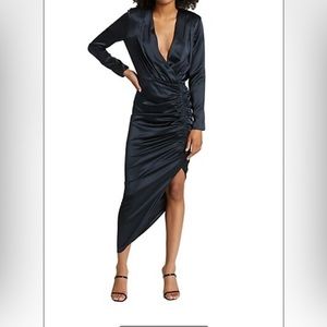 new veronica beard cameri silk wrap midi ruched dress in navy satin